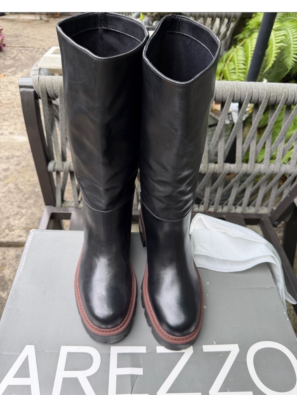 AREZZO Black Leather Mid-Calf Lug-Sole Boots with Brown Welt